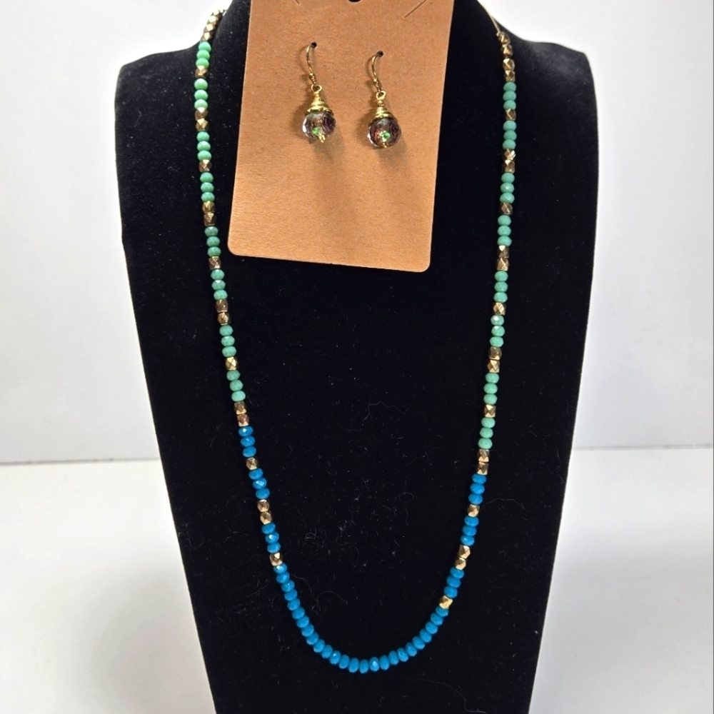 Goldtone Necklace Slide Clasp Adjustable Length Peacock Blue Green Acrylic Set